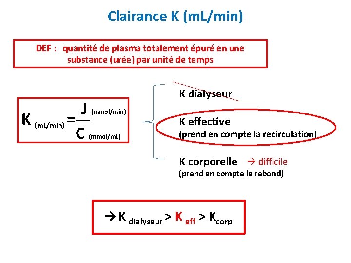 Clairance K (m. L/min) DEF : quantité de plasma totalement épuré en une substance