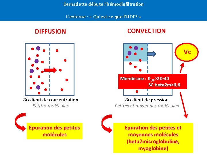 Bernadette débute l’hémodiafiltration L’externe : « Qu’est-ce que l’HDF? » DIFFUSION CONVECTION Vc Membrane