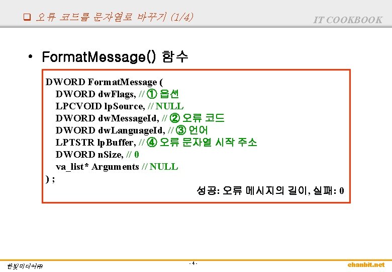 q 오류 코드를 문자열로 바꾸기 (1/4) IT COOKBOOK • Format. Message() 함수 DWORD Format.