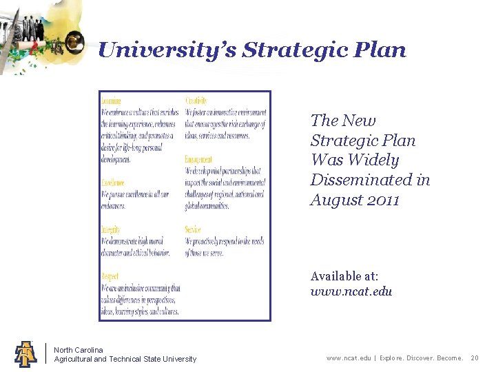 University’s Strategic Plan The New Strategic Plan Was Widely Disseminated in August 2011 Available