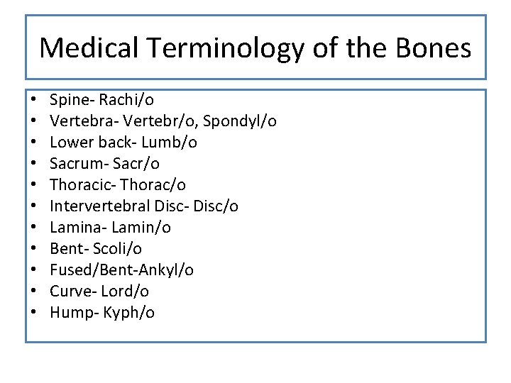 Medical Terminology of the Bones • • • Spine- Rachi/o Vertebra- Vertebr/o, Spondyl/o Lower