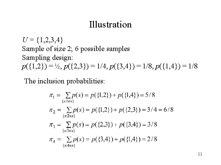 Illustration U = {1, 2, 3, 4} Sample of size 2; 6 possible samples