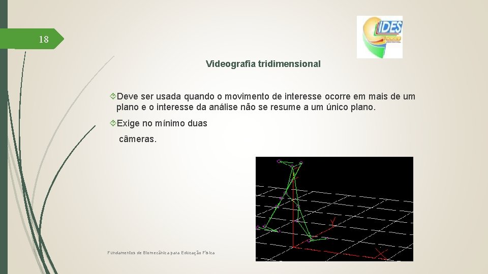 18 Videografia tridimensional Deve ser usada quando o movimento de interesse ocorre em mais