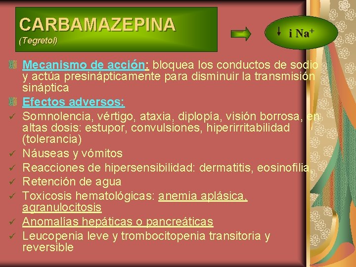 CARBAMAZEPINA (Tegretol) ü ü ü ü i Na+ Mecanismo de acción: bloquea los conductos