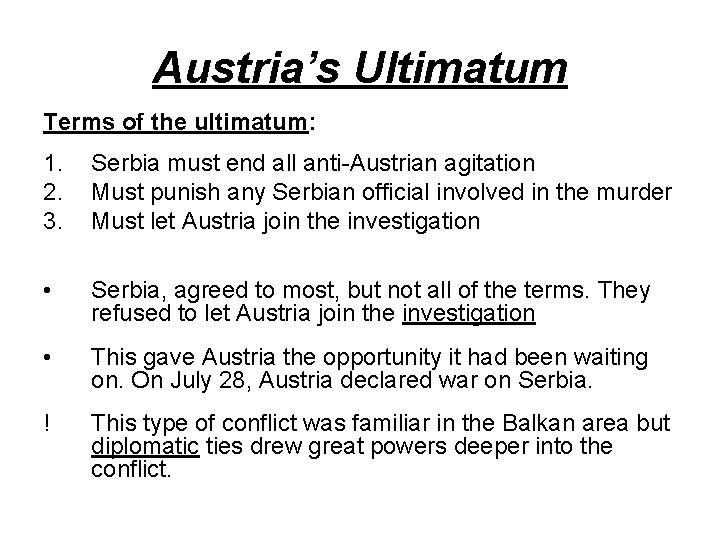 Austria’s Ultimatum Terms of the ultimatum: 1. 2. 3. Serbia must end all anti-Austrian