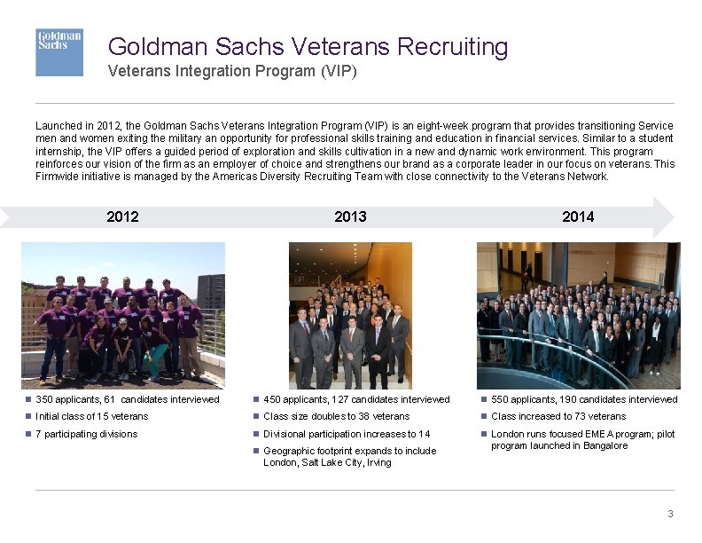 Goldman Sachs Veterans Recruiting Veterans Integration Program (VIP) Launched in 2012, the Goldman Sachs