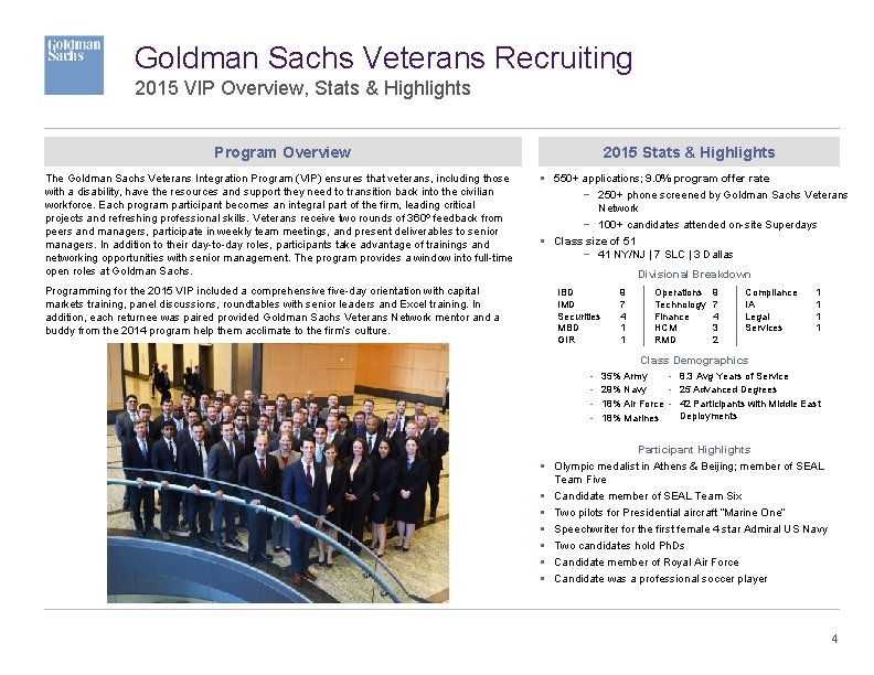 Goldman Sachs Veterans Recruiting 2015 VIP Overview, Stats & Highlights Program Overview The Goldman