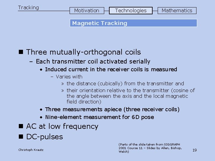 Tracking Motivation Technologies Mathematics Magnetic Tracking n Three mutually-orthogonal coils – Each transmitter coil