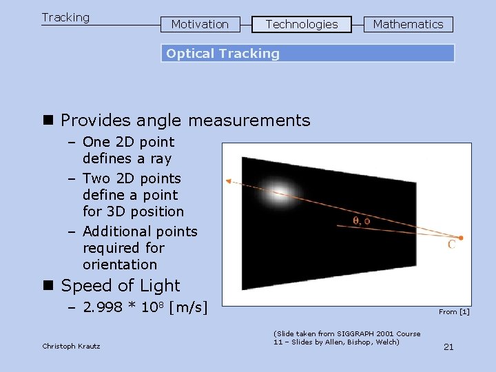 Tracking Motivation Technologies Mathematics Optical Tracking n Provides angle measurements – One 2 D