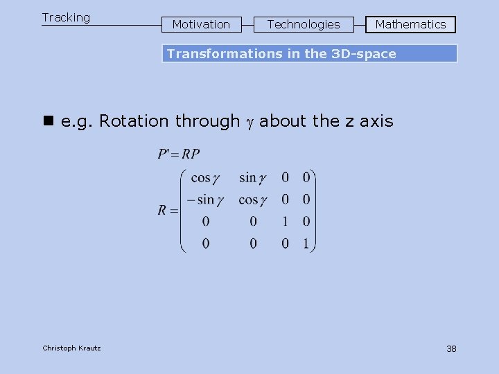 Tracking Motivation Technologies Mathematics Transformations in the 3 D-space n e. g. Rotation through