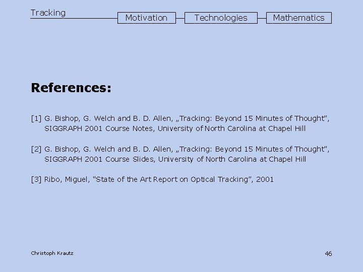 Tracking Motivation Technologies Mathematics References: [1] G. Bishop, G. Welch and B. D. Allen,