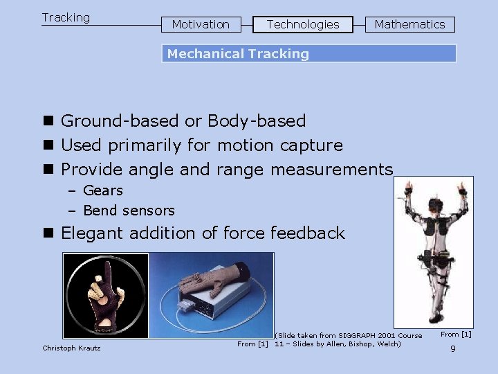 Tracking Motivation Technologies Mathematics Mechanical Tracking n Ground-based or Body-based n Used primarily for