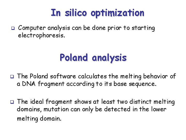 In silico optimization q Computer analysis can be done prior to starting electrophoresis. Poland