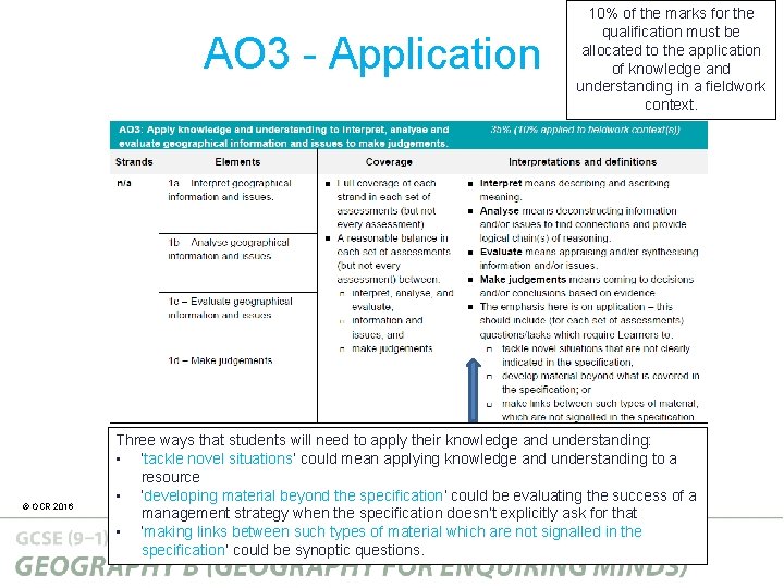 AO 3 - Application © OCR 2016 10% of the marks for the qualification