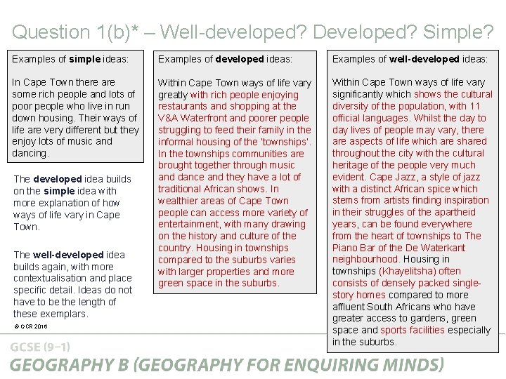 Question 1(b)* – Well-developed? Developed? Simple? Examples of simple ideas: Examples of developed ideas: