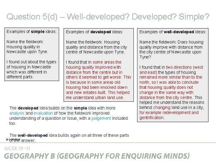Question 5(d) – Well-developed? Developed? Simple? Examples of simple ideas: Examples of developed ideas: