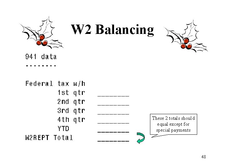 W 2 Balancing These 2 totals should equal except for special payments 48 