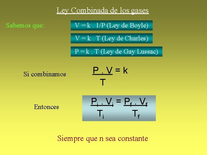 Ley Combinada de los gases V = k. 1/P (Ley de Boyle) Sabemos que: