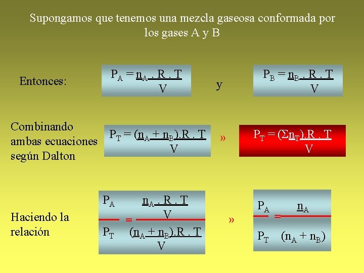 Supongamos que tenemos una mezcla gaseosa conformada por los gases A y B Entonces: