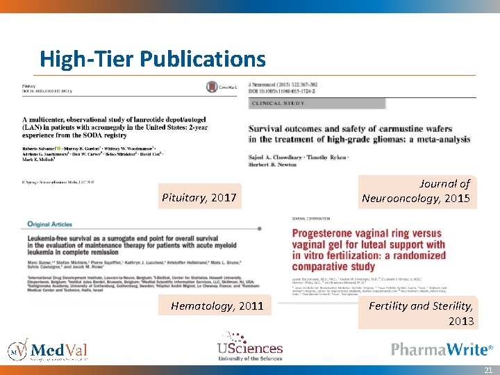 High-Tier Publications Pituitary, 2017 Hematology, 2011 Journal of Neurooncology, 2015 Fertility and Sterility, 2013