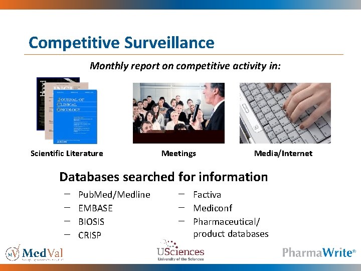 Competitive Surveillance Monthly report on competitive activity in: Scientific Literature Meetings Media/Internet Databases searched