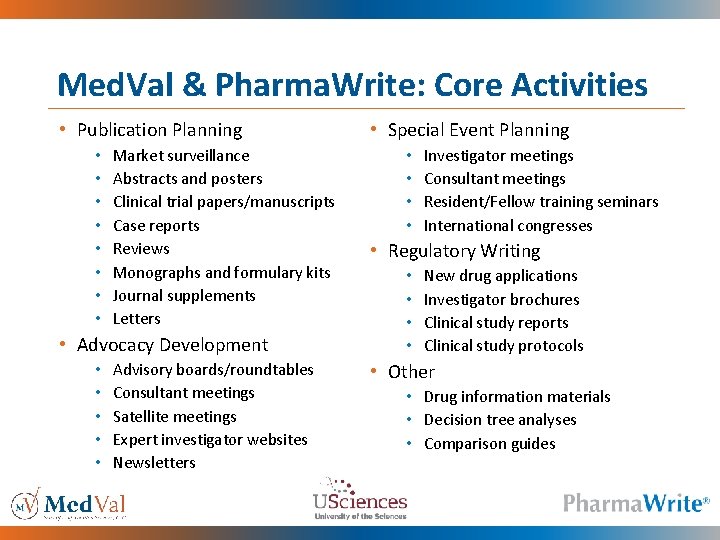 Med. Val & Pharma. Write: Core Activities • Publication Planning • • Market surveillance
