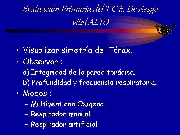 Evaluación Primaria del T. C. E. De riesgo vital ALTO • Visualizar simetría del