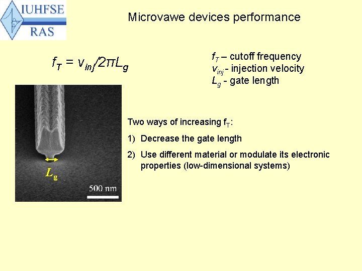 Microvawe devices performance f. T = vinj/2πLg f. T – cutoff frequency vinj -