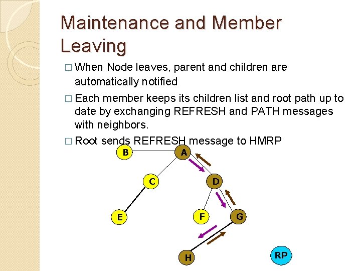Maintenance and Member Leaving � When Node leaves, parent and children are automatically notified Maintenance and Member Leaving � When Node leaves, parent and children are automatically notified