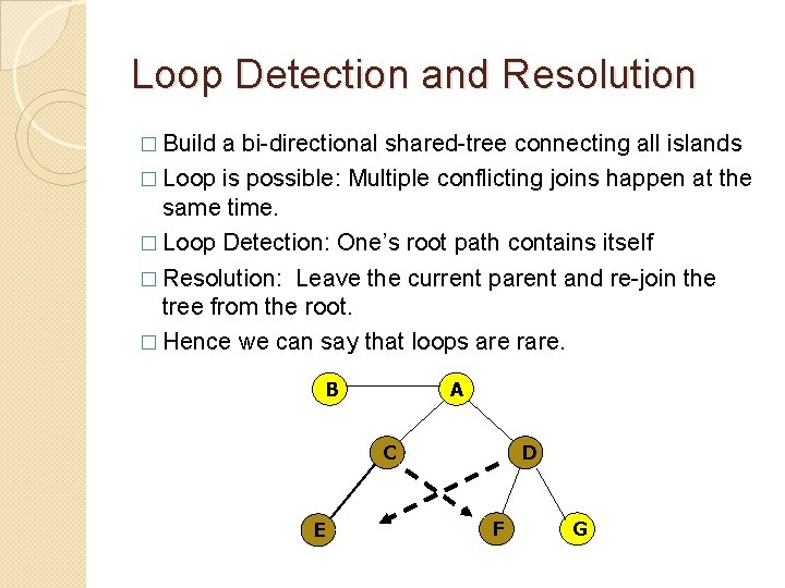 Loop Detection and Resolution � Build a bi-directional shared-tree connecting all islands � Loop Loop Detection and Resolution � Build a bi-directional shared-tree connecting all islands � Loop