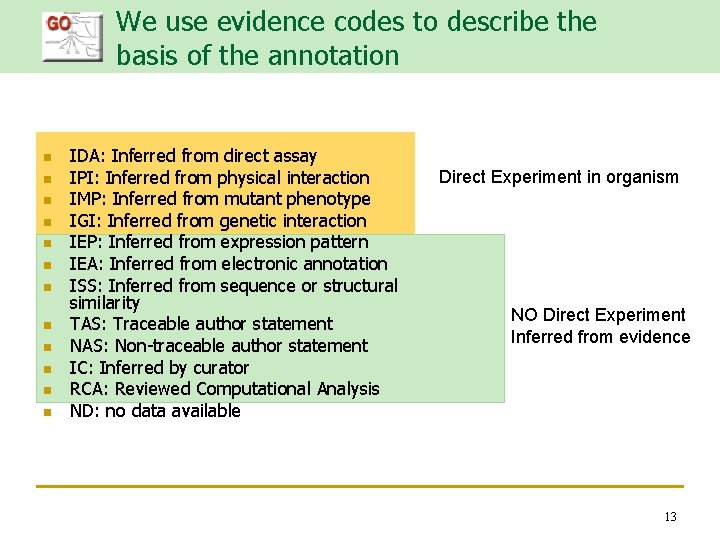 We use evidence codes to describe the basis of the annotation n n n