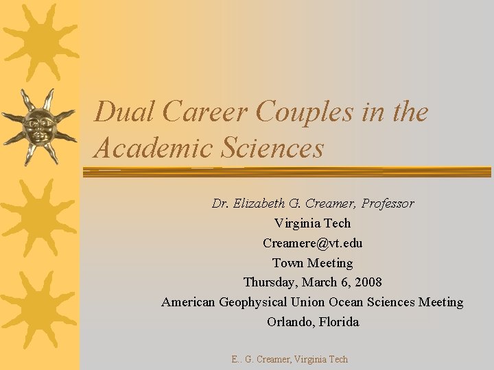 Dual Career Couples in the Academic Sciences Dr. Elizabeth G. Creamer, Professor Virginia Tech