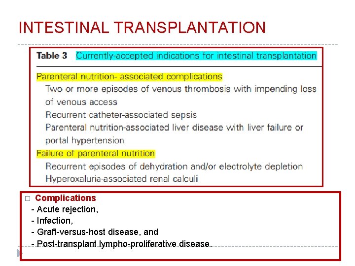 INTESTINAL TRANSPLANTATION � Complications - Acute rejection, - Infection, - Graft-versus-host disease, and -