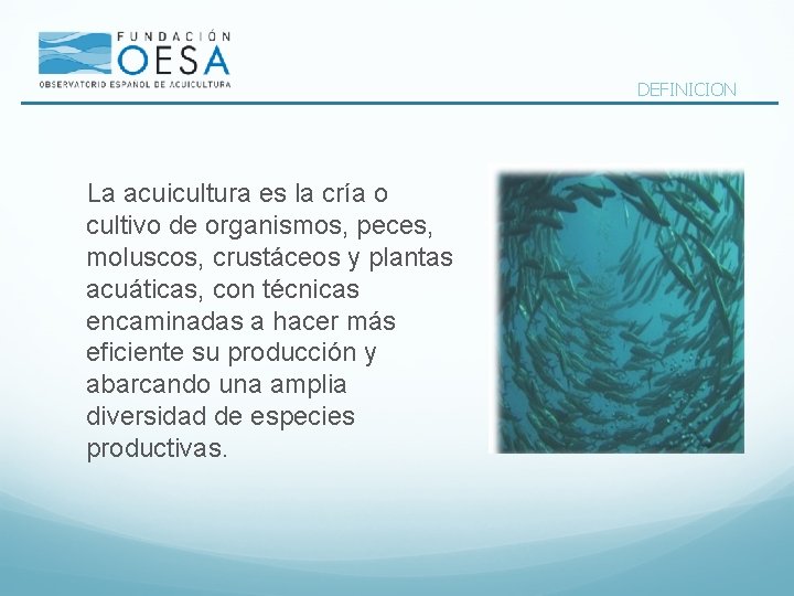 DEFINICION La acuicultura es la cría o cultivo de organismos, peces, moluscos, crustáceos y