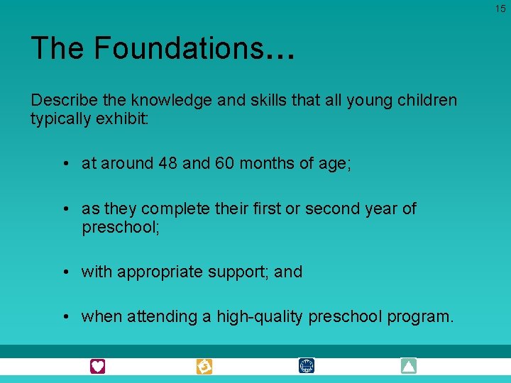 15 The Foundations… Describe the knowledge and skills that all young children typically exhibit: