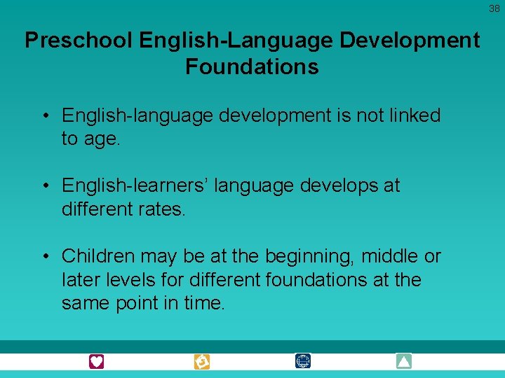 38 Preschool English-Language Development Foundations • English-language development is not linked to age. •