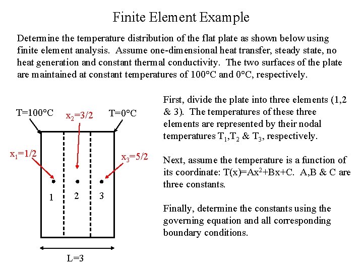 Finite Element Example Determine the temperature distribution of the flat plate as shown below