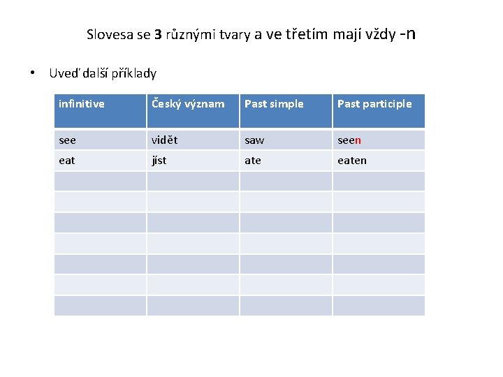 Slovesa se 3 různými tvary a ve třetím mají vždy -n • Uveď další