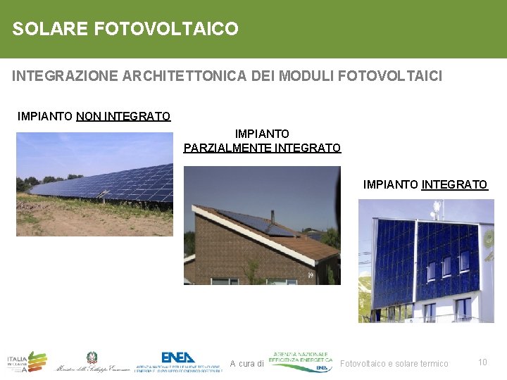 SOLARE FOTOVOLTAICO INTEGRAZIONE ARCHITETTONICA DEI MODULI FOTOVOLTAICI IMPIANTO NON INTEGRATO IMPIANTO PARZIALMENTE INTEGRATO IMPIANTO