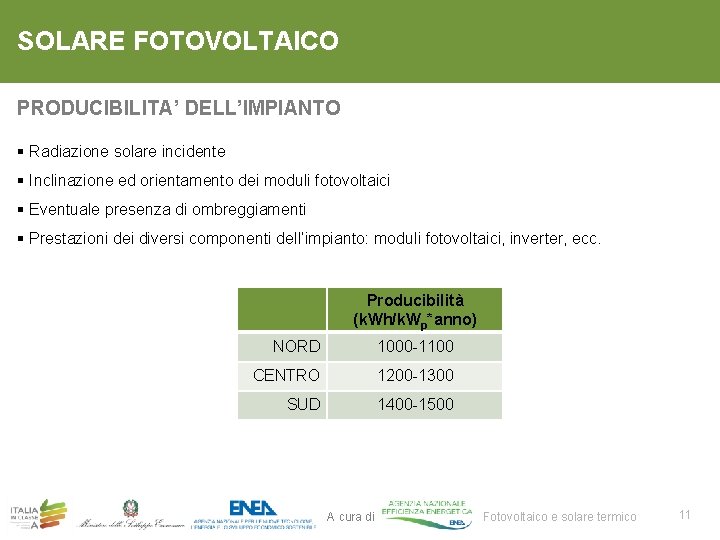 SOLARE FOTOVOLTAICO PRODUCIBILITA’ DELL’IMPIANTO § Radiazione solare incidente § Inclinazione ed orientamento dei moduli