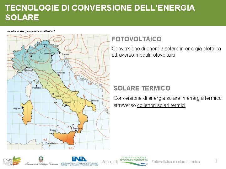 TECNOLOGIE DI CONVERSIONE DELL’ENERGIA SOLARE Irradiazione giornaliera in k. Wh/m 2 FOTOVOLTAICO Conversione di