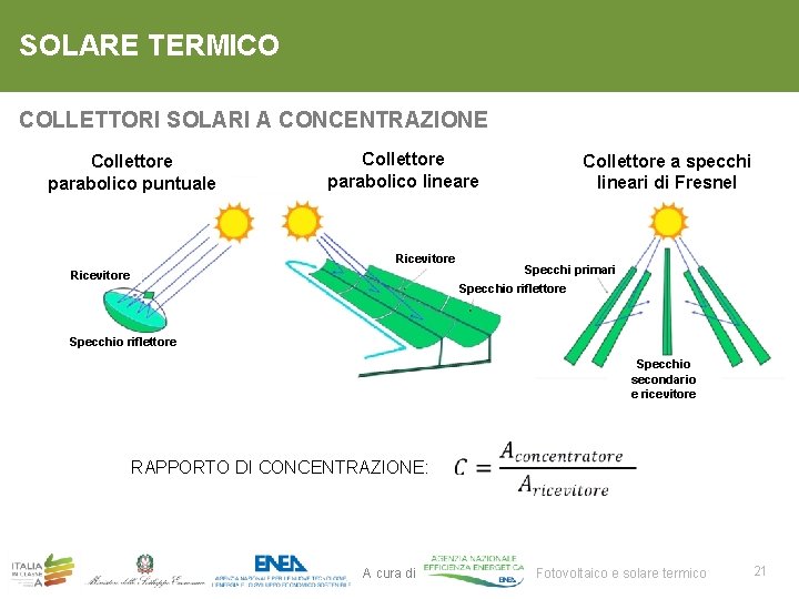 SOLARE TERMICO COLLETTORI SOLARI A CONCENTRAZIONE Collettore parabolico puntuale Collettore parabolico lineare Ricevitore Collettore