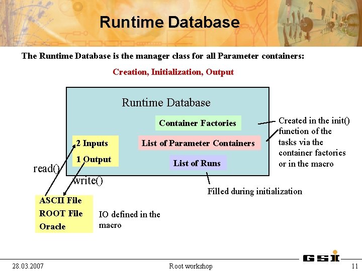 Runtime Database The Runtime Database is the manager class for all Parameter containers: Creation,