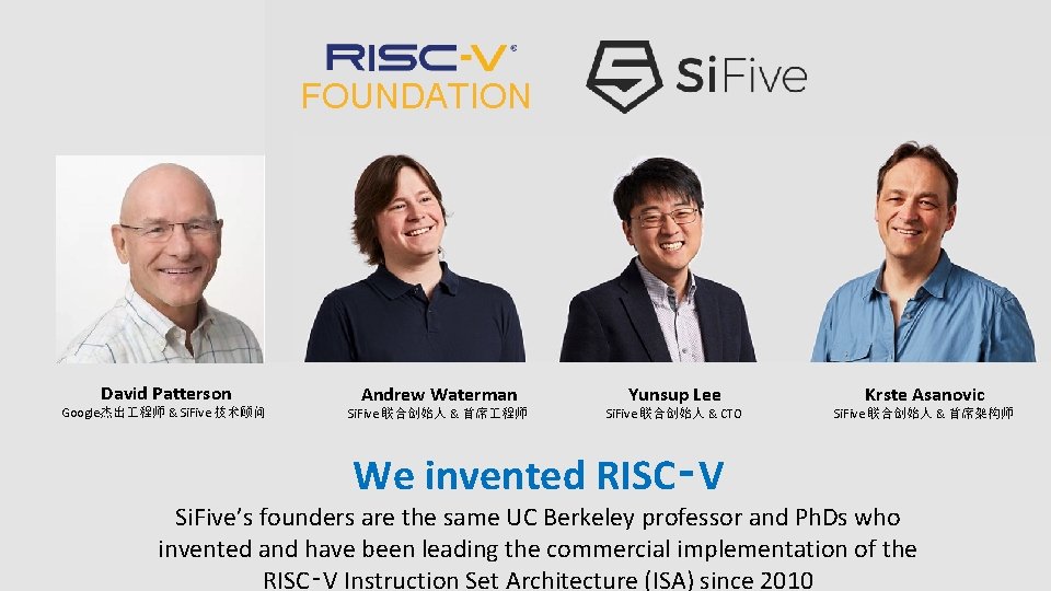 FOUNDATION David Patterson Google杰出 程师 & Si. Five 技术顾问 Andrew Waterman Si. Five 联合创始人