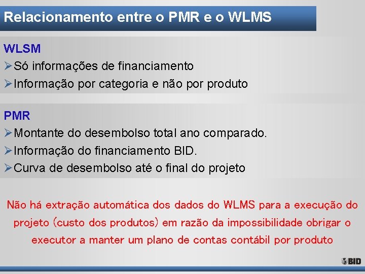 Relacionamento entre o PMR e o WLMS WLSM ØSó informações de financiamento ØInformação por Relacionamento entre o PMR e o WLMS WLSM ØSó informações de financiamento ØInformação por