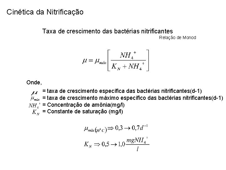 Cinética da Nitrificação Taxa de crescimento das bactérias nitrificantes Relação de Monod Onde, =