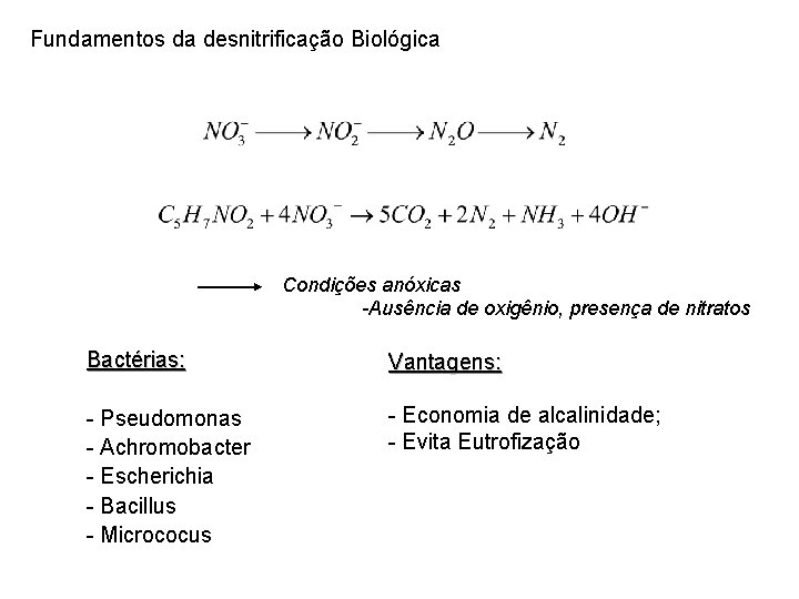 Fundamentos da desnitrificação Biológica Condições anóxicas -Ausência de oxigênio, presença de nitratos Bactérias: Vantagens: