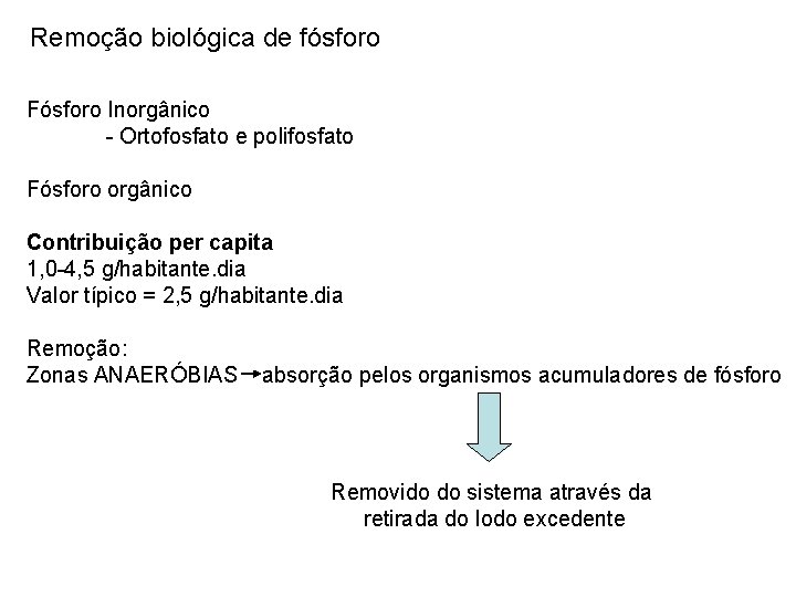 Remoção biológica de fósforo Fósforo Inorgânico - Ortofosfato e polifosfato Fósforo orgânico Contribuição per