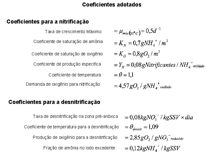 Coeficientes adotados Coeficientes para a nitrificação Taxa de crescimento Máximo Coeficiente de saturação de