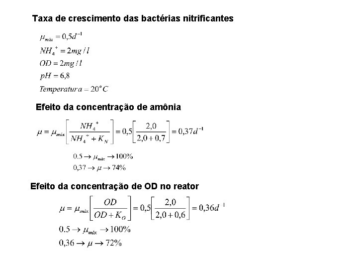 Taxa de crescimento das bactérias nitrificantes Efeito da concentração de amônia Efeito da concentração